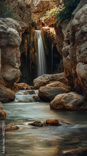 Small oasis with a waterfall in the desert, Rocky surroundings and a small stream