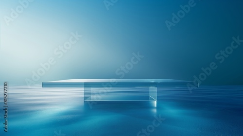 3d rendering of blue glass platform on the water surface
