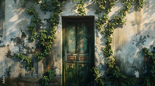 Old antique door on an old concrete wall  green plants.