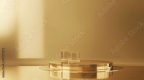 3d rendering of empty transparent glass podium for product showcase with golden background.