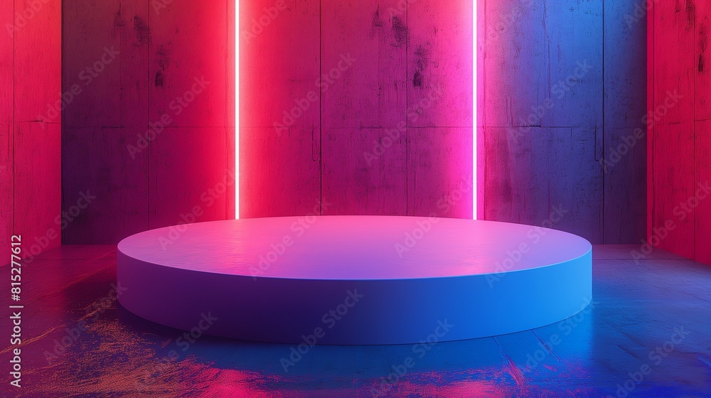 3d rendering, empty stage with pink and blue neon lights, podium for ...
