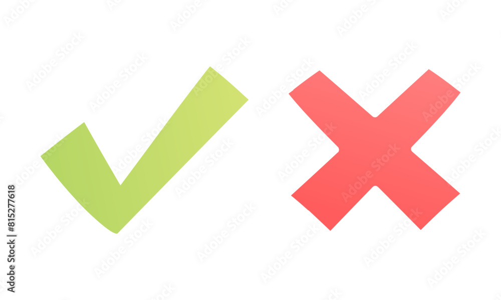 Right and wrong icon. hand drawn of Green checkmark and Red cross isolated on white background Right and wrong icon. hand drawn of Green checkmark and Red cross isolated on white background
