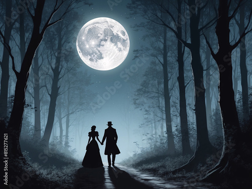 Austere romanticism , a Moonlit Stroll of a Victorian couple, two lovers walk together in dark forest in the moonlight, dark romantic mysterious thrilling ambient