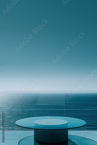 Round glass table on the terrace with ocean view