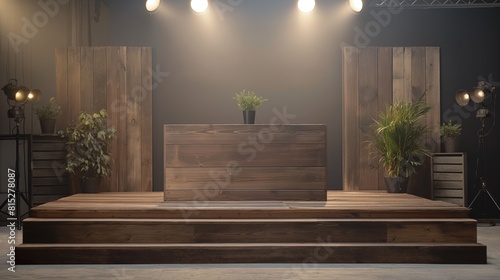 The image shows a wooden podium with a plant on it. There are wooden panels and spotlights in the background. The podium is empty.