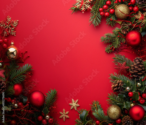 Christmas decoration border with on red background.