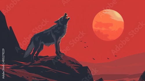 Howling wolf flat design, top view, wolf theme, cartoon drawing, Analogous Color Scheme