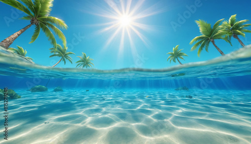 Sea background with blue tropical ocean above  sunny blue sky and palm tree  empty underwater background with the sun shining  creating giant surf waves in the sea waters. 3d rendering