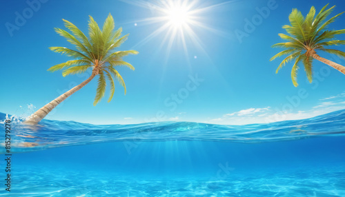 Sea background with blue tropical ocean above  sunny blue sky and palm tree  empty underwater background with the sun shining  creating giant surf waves in the sea waters. 3d rendering