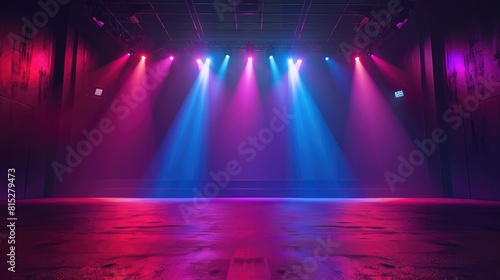 empty stage for performances with colorful lighting. a stage set up with spotlights and lighting realistic © Nabeel