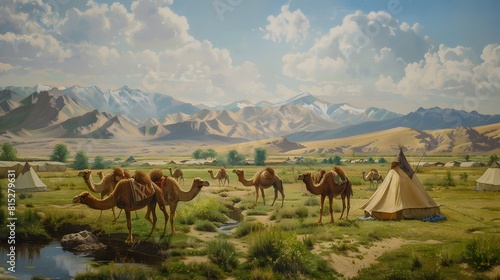 Picturesque rural landscape of Central Asia, with camels and tents typical of the region