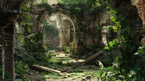 Hidden Courtyard with Ancient Ruins and Overgrown Foliage