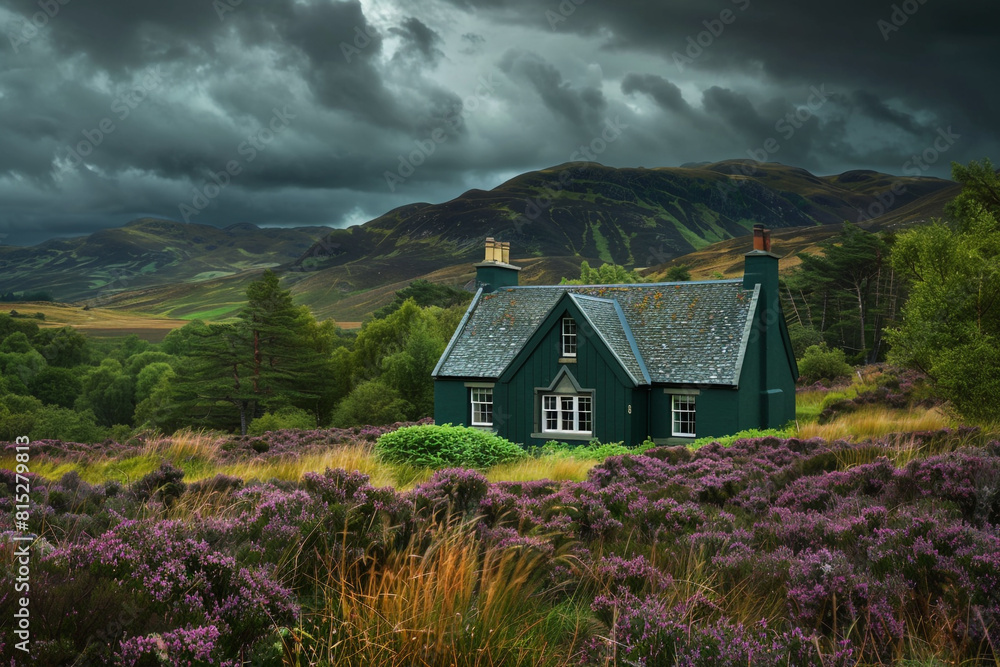 A deep forest green cottage surrounded by wild heather and rolling hills in the Scottish Highlands, under a stormy sky.