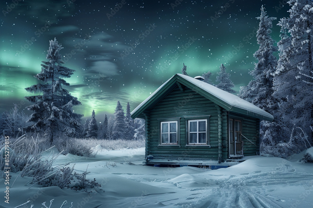 A deep green wooden cabin in the Lapland wilderness, surrounded by a frosty pine forest and the glow of the aurora borealis.