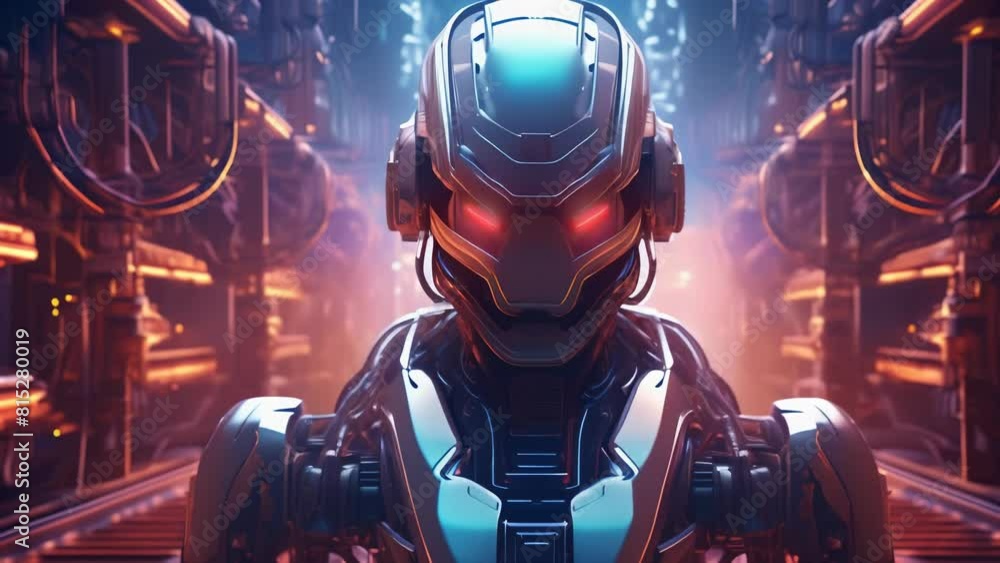 A futuristic robot stands in a high-tech environment with glowing lights and intricate machinery. The robot's sleek design and illuminated eyes convey a sense of advanced technology and power. A futuristic robot stands in a high-tech environment with glowing lights and intricate machinery. The robot's sleek design and illuminated eyes convey a sense of advanced technology and power.