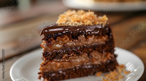 Piece of German Chocolate cake close up