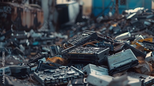 Pile of electronic waste in the background. Concept E-Waste, Environment, Recycling