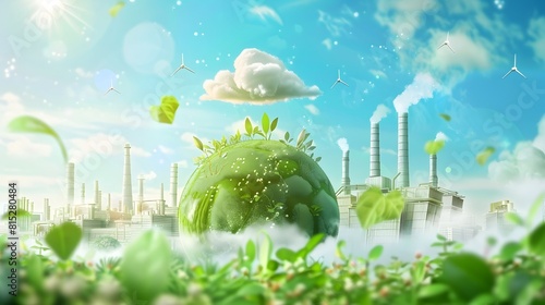 Planet with an environmentally friendly environment with a symbol of ecologically clean air cloud made of green leaves and grass, along with a cartoon sketch of an eco-factory. Ecology industry photo