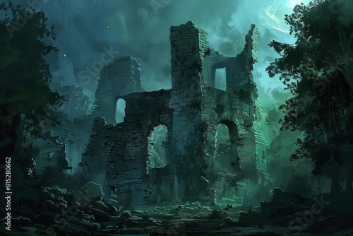 haunted crumbling castle ruins at night eerie forest setting digital painting photo