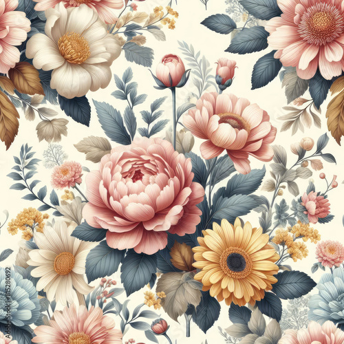 Flower and plant. Floral classic seamless print in shabby chic style. Flowers vector illustration: peony, rose, aster, leaves and plants for background, pattern and wallpaper Generative AI Techonology