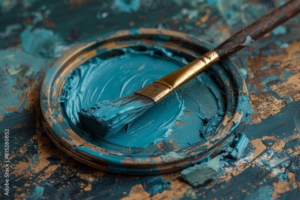 Can of Blue Paint With Brush