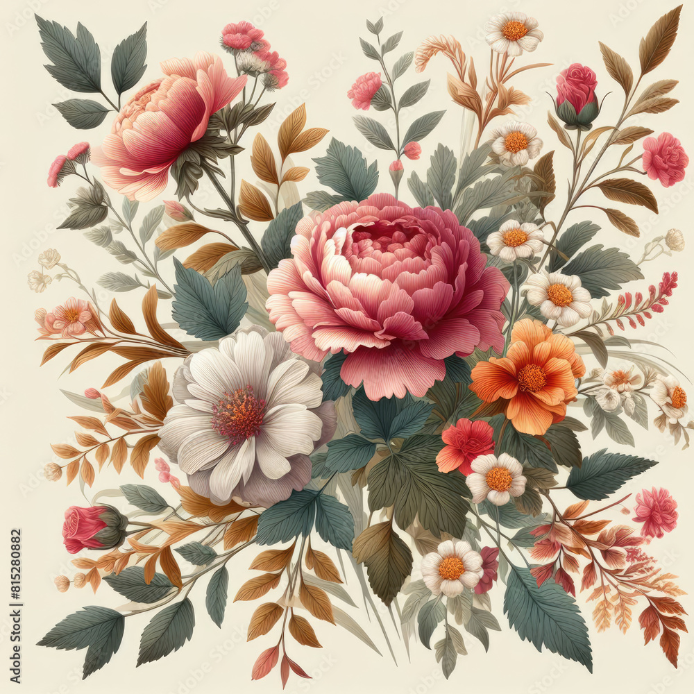 Flower and plant. Floral classic seamless print in shabby chic style. Flowers vector illustration: peony, rose, aster, leaves and plants for background, pattern and wallpaper Generative AI Techonology Flower and plant. Floral classic seamless print in shabby chic style. Flowers vector illustration: peony, rose, aster, leaves and plants for background, pattern and wallpaper Generative AI Techonology