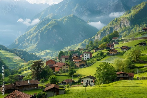 idyllic mountain village nestled in lush valley picturesque landscape photography