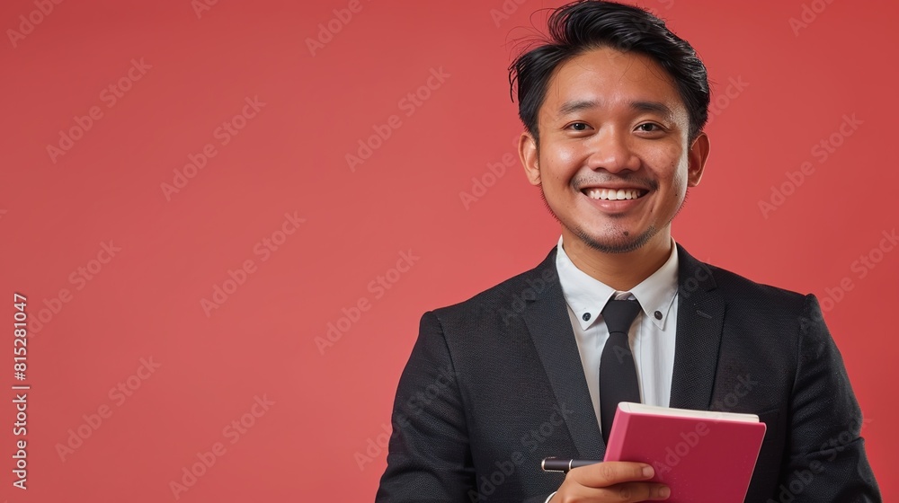 Asian businessman with an infectious smile, notebook and pen in hand, against a lively coral pink backdrop Asian businessman with an infectious smile, notebook and pen in hand, against a lively coral pink backdrop