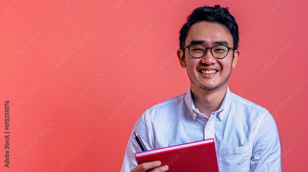 Asian businessman with an infectious smile, notebook and pen in hand, against a lively coral pink backdrop Asian businessman with an infectious smile, notebook and pen in hand, against a lively coral pink backdrop