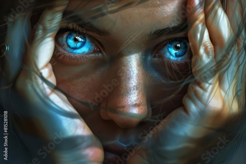 intense blue eyes peering through fingers captivating gaze emotions and mystery digital painting