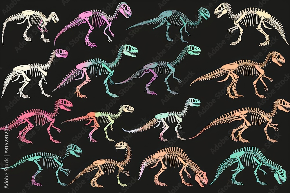 Glowing against the dark canvas, a series of neon dinosaur silhouettes form an intriguing collection of signs. Glowing against the dark canvas, a series of neon dinosaur silhouettes form an intriguing collection of signs.