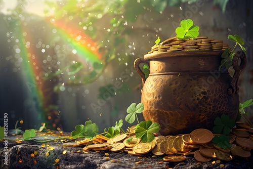 Pot of gold coins, clover leaves and rainbow. St. Patrick's day concept