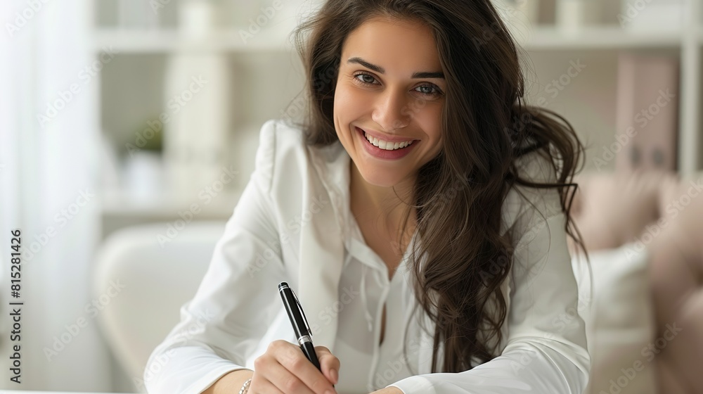 entrepreneur smiling as she signs a contract on a white document, against a backdrop of soft pearl white entrepreneur smiling as she signs a contract on a white document, against a backdrop of soft pearl white