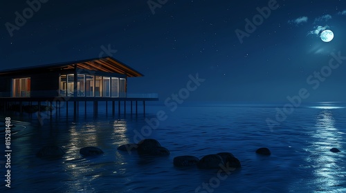 Night ocean flat design, front view, night theme, 3D render, Tetradic color scheme photo