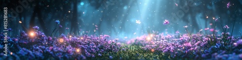 A beautiful landscape with blue light and purple flowers flowing through the air onto the  forest glen floor. photo