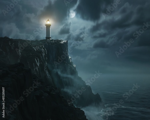 A lighthouse illuminating the dark and stormy night, guiding ships through rough seas with its powerful beam of light