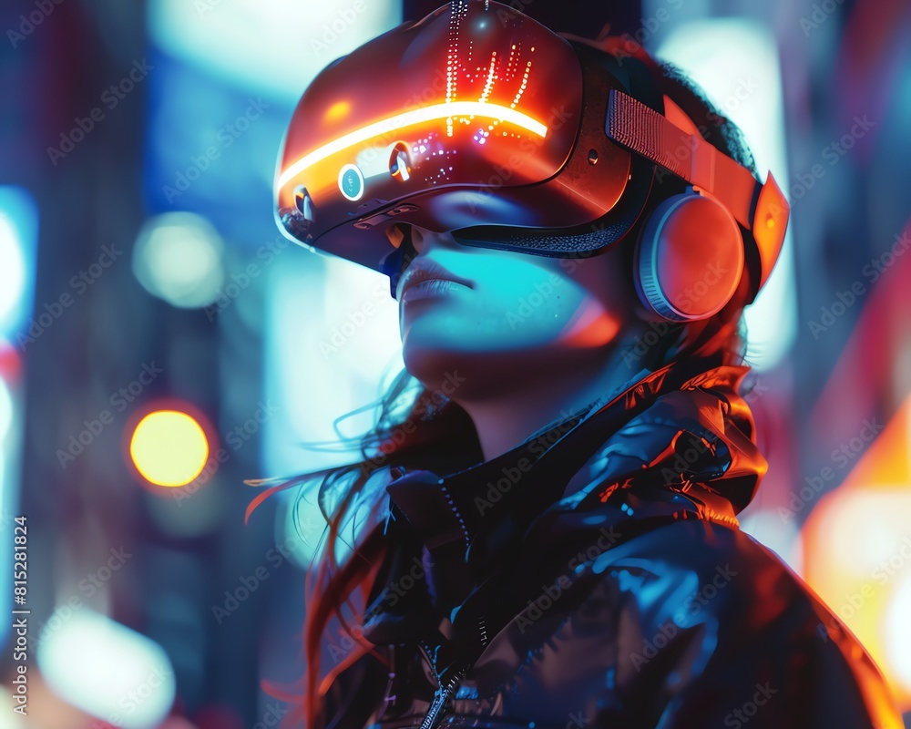Woman wearing a futuristic virtual reality headset with blurred city light background.