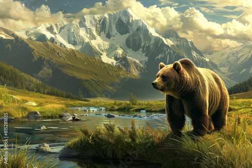 majestic bear standing tall in scenic mountain meadow digital photography