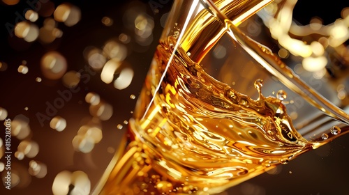 A dynamic image of golden liquid being poured into a glass, capturing the motion and bubbles of the drink.