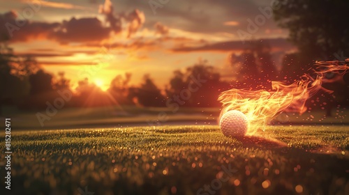Flaming golf ball at sunset on golf course. photo