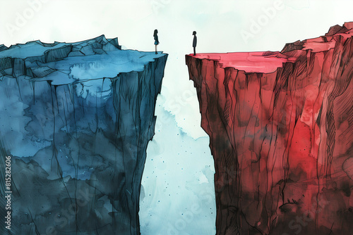 Divided American Politics Concept Illustration - People Face Each - Left Blue Cliff and Right Red Cliff