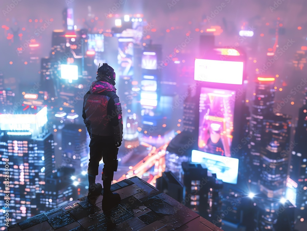 Fototapeta premium Man is standing on the edge of the building, looking at the cyberpunk city, full of neon lights and skyscrapers.