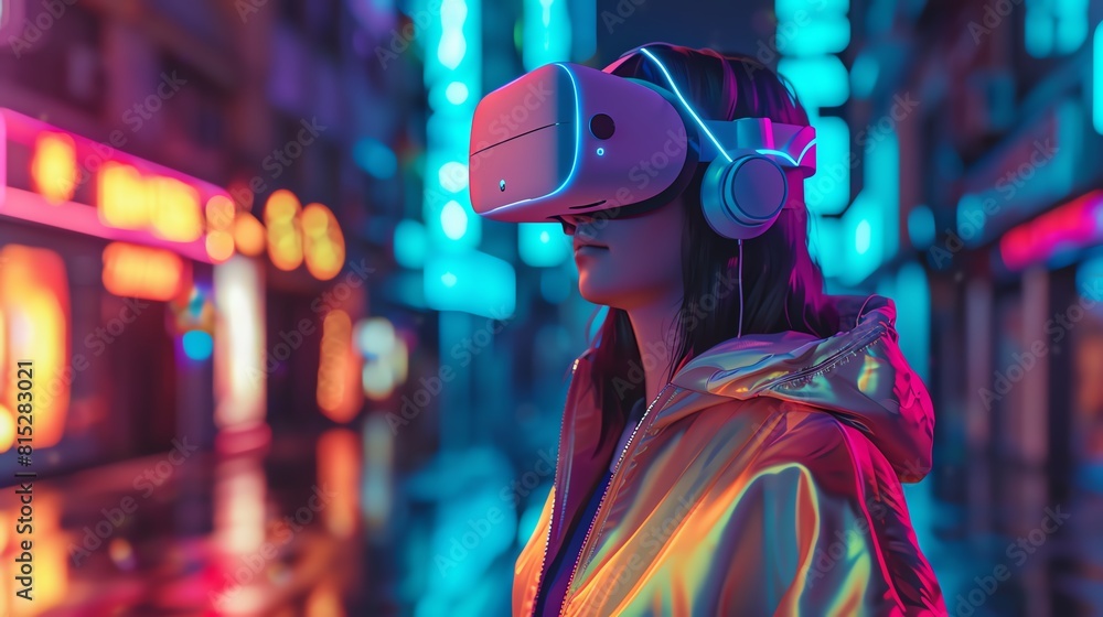 The girl wearing VR headset and exploring the virtual world. The girl wearing VR headset and exploring the virtual world.