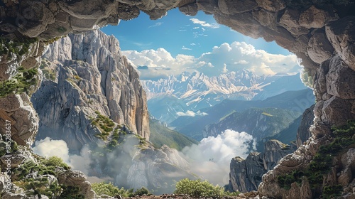 A breathtaking view of misty mountains seen from the dark mouth of a cave, highlighting nature's majesty and tranquility.