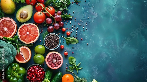 Fresh and vibrant fruits and vegetables take centre stage in a picturesque vegan spread photo