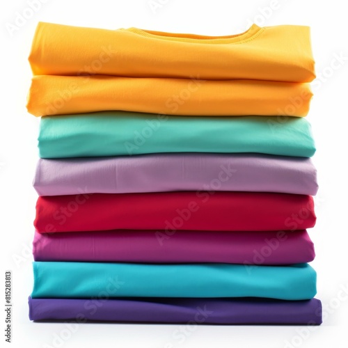 Vibrant stack of tshirts in various colors on a white background., Ai Generated
