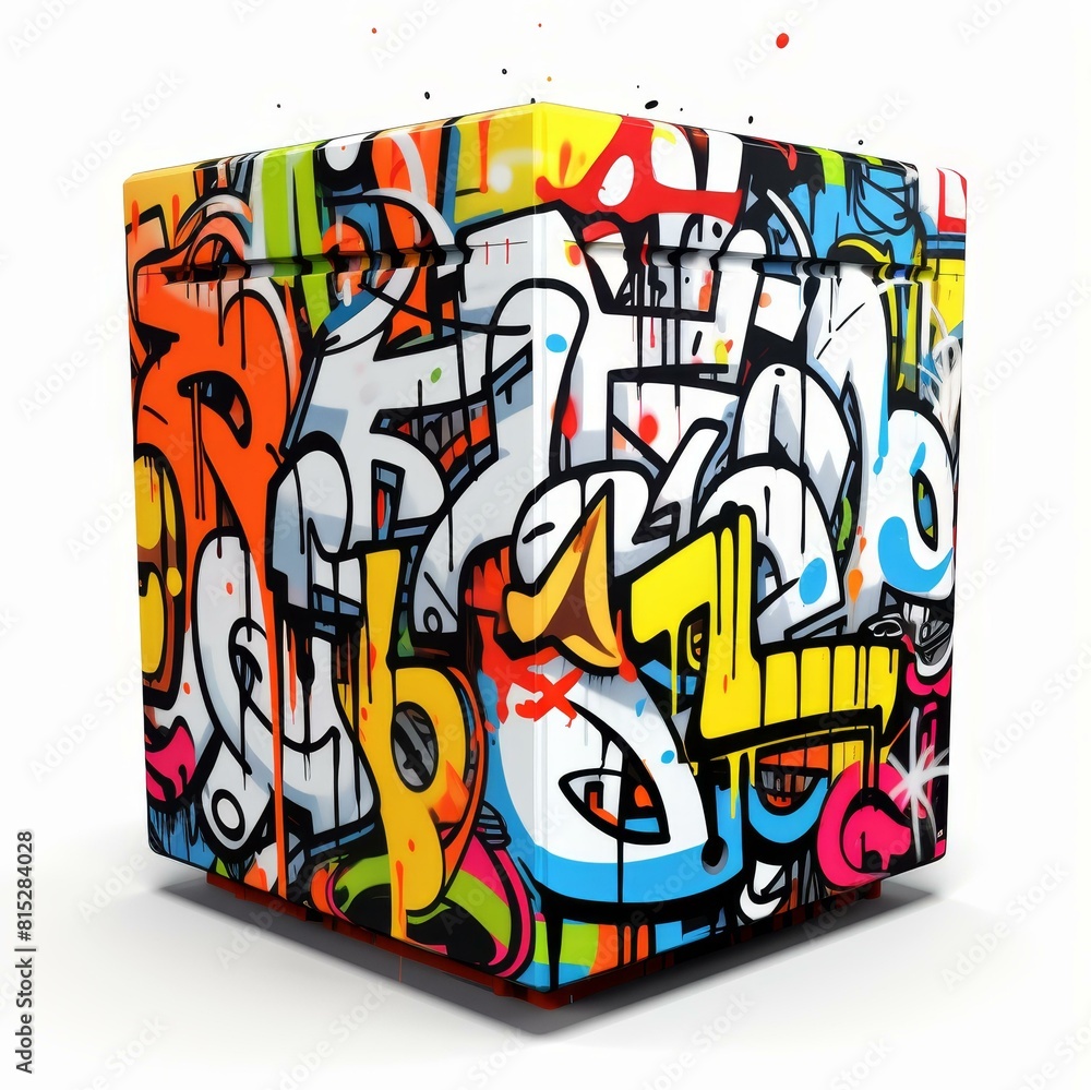 Fototapeta premium Colorful graffiti cube floating on white background, Ai Generated