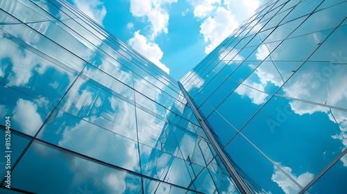 Reflective skyscrapers, business office buildings. Low angle photography of glass curtain wall details of high-rise buildings.The window glass reflects the blue sky and white clouds
