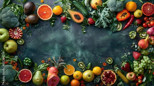 Fresh and vibrant fruits and vegetables take centre stage in a picturesque vegan spread photo