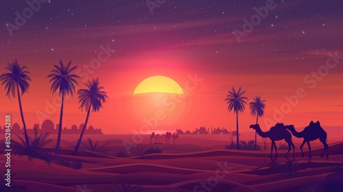 flat design illustration the desert at sunset with silhouette of palm trees and camels. ramadan kareem holiday celebration concept realistic